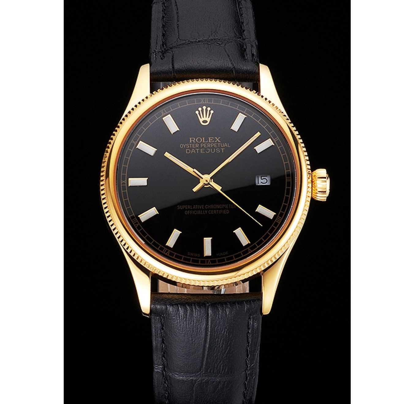 AAA replica watch Case Gold Swiss Black Leather Strap Datejust Black Dial Rolex 0728